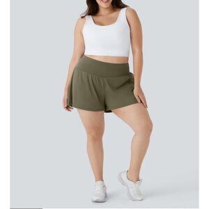 Halara Super High Waisted Yoga Shorts Sz 2XL Womens Olive Green Back Pocket & Si